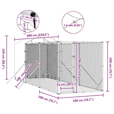 vidaXL Κλουβί Σκύλου Εξ. Χώρου με Οροφή Ασημί 2x6x2,5 μ. Γαλβ. Ατσάλι