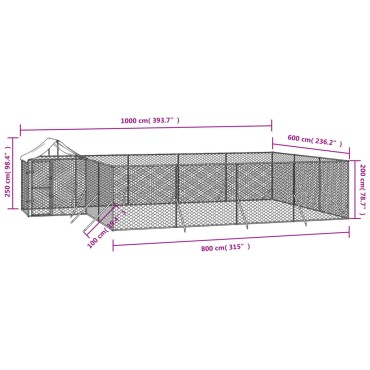 vidaXL Κλουβί Σκύλου Εξ. Χώρου με Οροφή Ασημί 10x6x2,5 μ. Γαλβ. Ατσάλι