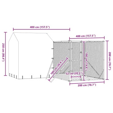 vidaXL Κλουβί Σκύλου Εξ. Χώρου με Οροφή Ασημί 4x4x2,5 μ. Γαλβ. Ατσάλι