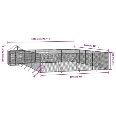 vidaXL Κλουβί Σκύλου Εξ. Χώρου με Οροφή Ασημί 10x8x2,5 μ. Γαλβ. Ατσάλι