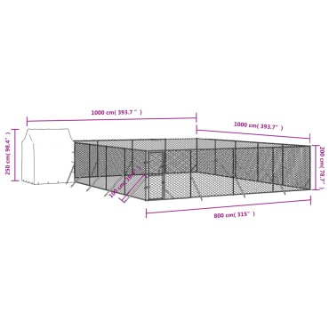 vidaXL Κλουβί Σκύλου Εξ. Χώρου με Οροφή Ασημί 10x10x2,5 μ Γαλβ. Ατσάλι