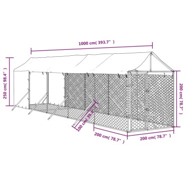 vidaXL Κλουβί Σκύλου Εξ. Χώρου με Οροφή Ασημί 2x10x2,5 μ. Γαλβ. Ατσάλι