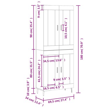 vidaXL Ντουλάπι Μαύρο 69,5x34x180cm από Επεξεργασμένο Ξύλο 1 τεμ.