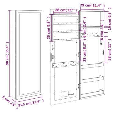 vidaXL Έπιπλο Κοσμημάτων με Καθρέφτη/LED Φώτα Επιτοίχιο Λευκό