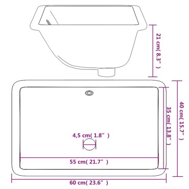 vidaXL Νιπτήρας Μπάνιου Ορθογώνιος Λευκός 60 x 40 x 21 εκ. Κεραμικός