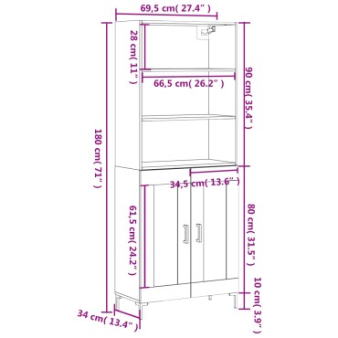 vidaXL Ντουλάπι Λευκό 69,5x34x180cm από Επεξεργασμένο Ξύλο 1 τεμ.