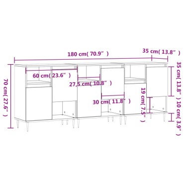 vidaXL Ντουλάπι 3 τεμ. Γκρι Sonoma από Επεξεργασμένο Ξύλο 180x35x70cm