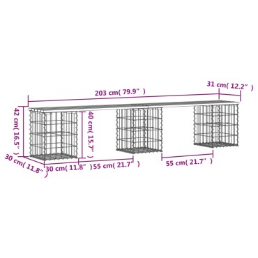 vidaXL Παγκάκι Κήπου Συρματοκιβώτιο 203x31x42cm από Μασίφ Ξύλο Πεύκου 1 τεμ.