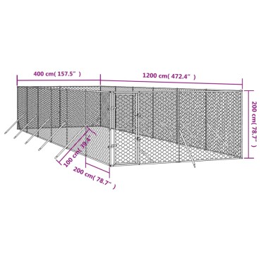 vidaXL Κλουβί Σκύλου Εξωτερ. Χώρου Ασημί 4x12x2 μ. από Γαλβαν. Ατσάλι