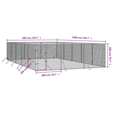 vidaXL Κλουβί Σκύλου Εξωτερ. Χώρου Ασημί 6x10x2 μ. από Γαλβαν. Ατσάλι