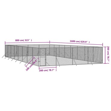 vidaXL Κλουβί Σκύλου Εξωτερ. Χώρου Ασημί 8x16x2 μ. από Γαλβαν. Ατσάλι