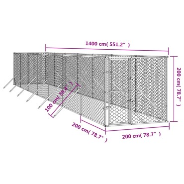 vidaXL Κλουβί Σκύλου Εξωτερ. Χώρου Ασημί 2x14x2 μ. από Γαλβαν. Ατσάλι