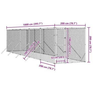 vidaXL Κλουβί Σκύλου Εξωτερ. Χώρου Ασημί 2x10x2 μ. από Γαλβαν. Ατσάλι