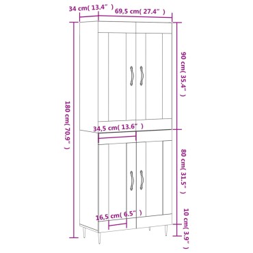 vidaXL Ντουλάπι Λευκό 69,5x34x180cm από Επεξεργασμένο Ξύλο 1 τεμ.