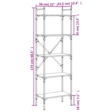 vidaXL Βιβλιοθήκη 5 Επιπέδων Γκρι Sonoma 56x31,5x174cm Επεξ. Ξύλο 1 τεμ.