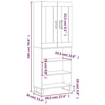 vidaXL Ντουλάπι Λευκό 69,5x34x180cm από Επεξεργασμένο Ξύλο 1 τεμ.