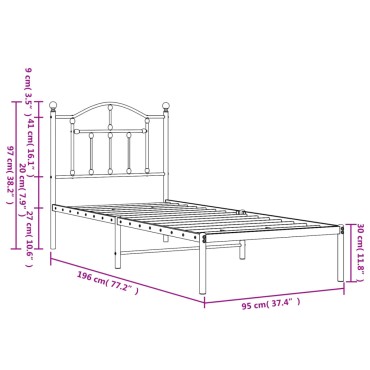 vidaXL Πλαίσιο Κρεβατιού με Κεφαλάρι Μαύρο 90x190cm Μεταλλικό 1 τεμ. - Μονό