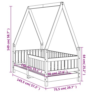 vidaXL Πλαίσιο Παιδικού Κρεβατιού Λευκό 70x140cm Μασίφ Ξύλο Πεύκου 1 τεμ. - Μονό