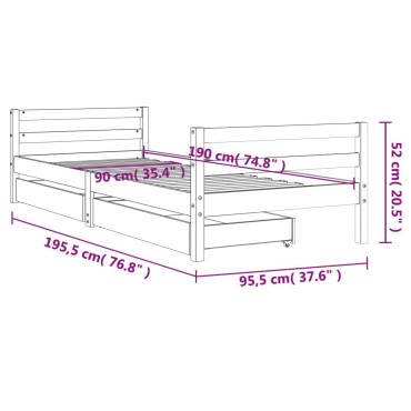 vidaXL Πλαίσιο Παιδικού Κρεβατιού Συρτάρια 90x190cm Μασίφ Ξύλο Πεύκου 1 τεμ. - Μονό