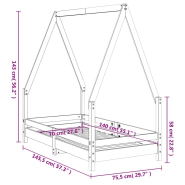 vidaXL Πλαίσιο Κρεβατιού Μαύρο70x140cm από Μασίφ Ξύλο Πεύκου 1 τεμ. - Μονό