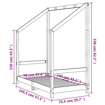 vidaXL Πλαίσιο Παιδικού Κρεβατιού 70x140cm από Μασίφ Ξύλο Πεύκου 1 τεμ. - Μονό