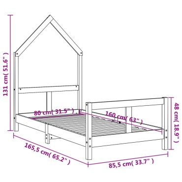 vidaXL Πλαίσιο Παιδικού Κρεβατιού 80x160cm από Μασίφ Ξύλο Πεύκου 1 τεμ. - Μονό