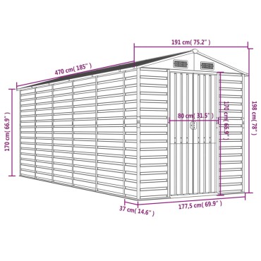 vidaXL Αποθήκη Κήπου Ανοιχτό Γκρι 191x470x198 εκ. Γαλβανισμένο Ατσάλι