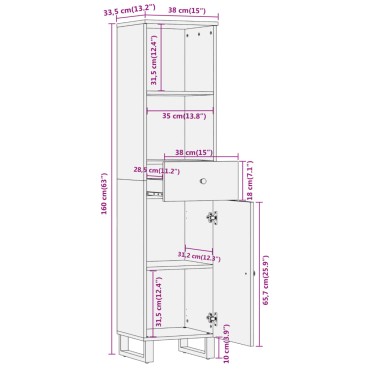 vidaXL Ντουλάπι Μπάνιου Καφέ/Μαύρο 38x33,5x160cm Μασίφ Ξύλο Μάνγκο 1 τεμ.