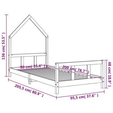 vidaXL Πλαίσιο Παιδικού Κρεβατιού Λευκό 90x200cm Μασίφ Ξύλο Πεύκου 1 τεμ. - Μονό