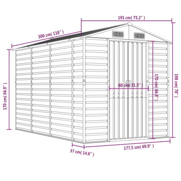 vidaXL Αποθήκη Κήπου Ανθρακί 191x300x198 εκ. Γαλβανισμένο Ατσάλι