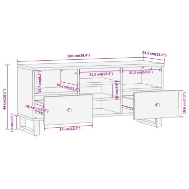 vidaXL Έπιπλο Τηλεόρασης Καφέ/Μαύρο 100x33,5x46cm Μασίφ Ξύλο Μάνγκο