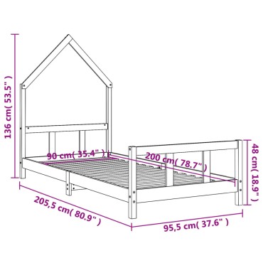 vidaXL Πλαίσιο Παιδικού Κρεβατιού 90x200cm από Μασίφ Ξύλο Πεύκου 1 τεμ. - Μονό
