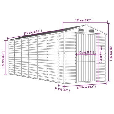 vidaXL Αποθήκη Κήπου Ανοιχτό Γκρι 191x555x198 εκ. Γαλβανισμένο Ατσάλι
