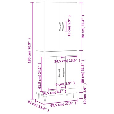 vidaXL Ντουλάπι Λευκό 69,5x34x180cm από Επεξεργασμένο Ξύλο 1 τεμ.