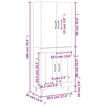 vidaXL Ντουλάπι Λευκό 69,5x34x180cm από Επεξεργασμένο Ξύλο 1 τεμ.
