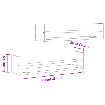 vidaXL Ράφια Τοίχου με Μπάρα 2 τεμ. Καφέ Δρυς 60x16x14cm