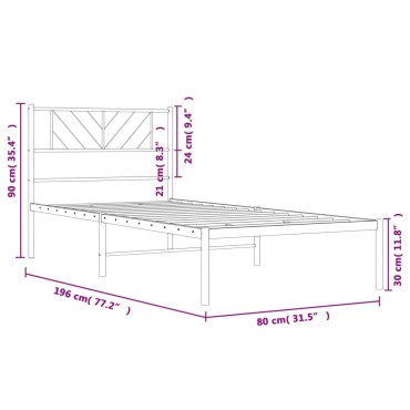 vidaXL Πλαίσιο Κρεβατιού με Κεφαλάρι Μαύρο 75 x 190 εκ. Μεταλλικό