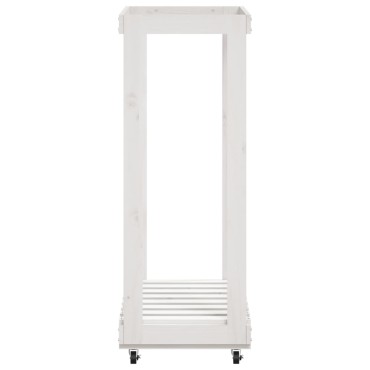 vidaXL Ξυλοθήκη με Τροχούς Λευκή 76,5x40x108 εκ. από Μασίφ Ξύλο Πεύκου
