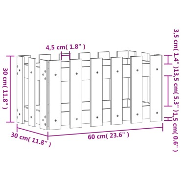 vidaXL Ζαρντινιέρα με Σχέδιο Φράχτη Μαύρη 60 x 30 x 30 εκ. Μασίφ Πεύκο