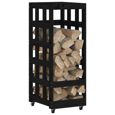 vidaXL Ξυλοθήκη με Τροχούς Μαύρη 40 x 49 x 110 εκ. Μασίφ Ξύλο Πεύκου