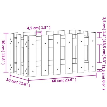 vidaXL Ζαρντινιέρα με Σχέδιο Φράχτη 60 x 30 x 30 εκ. Μασίφ Ξύλο Πεύκου