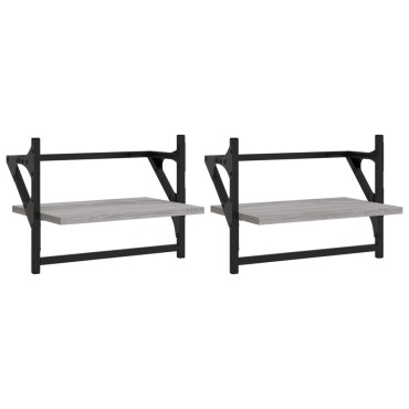 vidaXL Ράφια Τοίχου με Μπάρα 2 τεμ. Γκρι Sonoma 40x25x30cm
