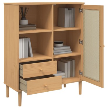 vidaXL Ντουλάπι Ψηλό SENJA Καφέ/Ρατάν 90x40x112cm Μασίφ Ξύλο Πεύκου 1 τεμ.