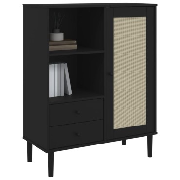 vidaXL Ντουλάπι Ψηλό SENJA Μαύρο/Ρατάν 90x40x112cm Μασίφ Ξύλο Πεύκου 1 τεμ.