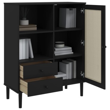 vidaXL Ντουλάπι Ψηλό SENJA Μαύρο/Ρατάν 90x40x112cm Μασίφ Ξύλο Πεύκου 1 τεμ.