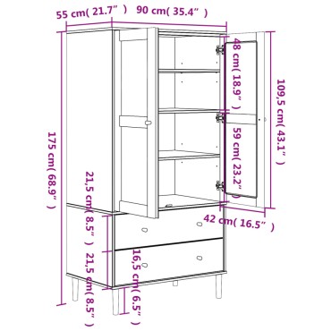 vidaXL Ντουλάπα SENJA Καφέ / Ρατάν 90x55x175cm Μασίφ Ξύλο Πεύκου 1 τεμ.