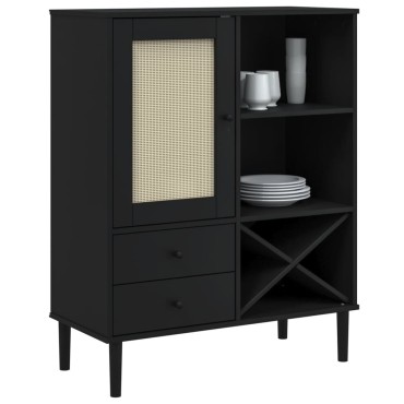 vidaXL Ντουλάπι Ψηλό SENJA Μαύρο/Ρατάν 90x40x112cm Μασίφ Ξύλο Πεύκου 1 τεμ.