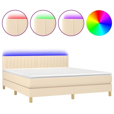 vidaXL Κρεβάτι Boxspring με Στρώμα & LED Κρεμ 160x200cm Υφασμάτινο 1 τεμ. - Διπλό