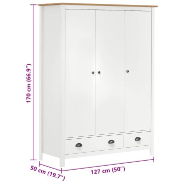 vidaXL Ντουλάπα Hill Τρίφυλλη Λευκή 127x50x170cm Μασίφ Ξύλο Πεύκου 1 τεμ.