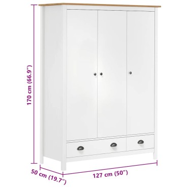 vidaXL Ντουλάπα Hill Τρίφυλλη Λευκή 127x50x170cm Μασίφ Ξύλο Πεύκου 1 τεμ.